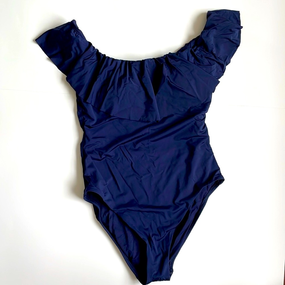 Trina Turk Off shoulder one piece swimsuit Navy Blue Sz 8 brand new with tags